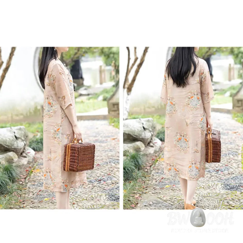 Buddha Stones Orange Flower Bird Print Cheongsam Midi Dress Cotton Linen Half Sleeve Dress With Pockets - Cheongsam