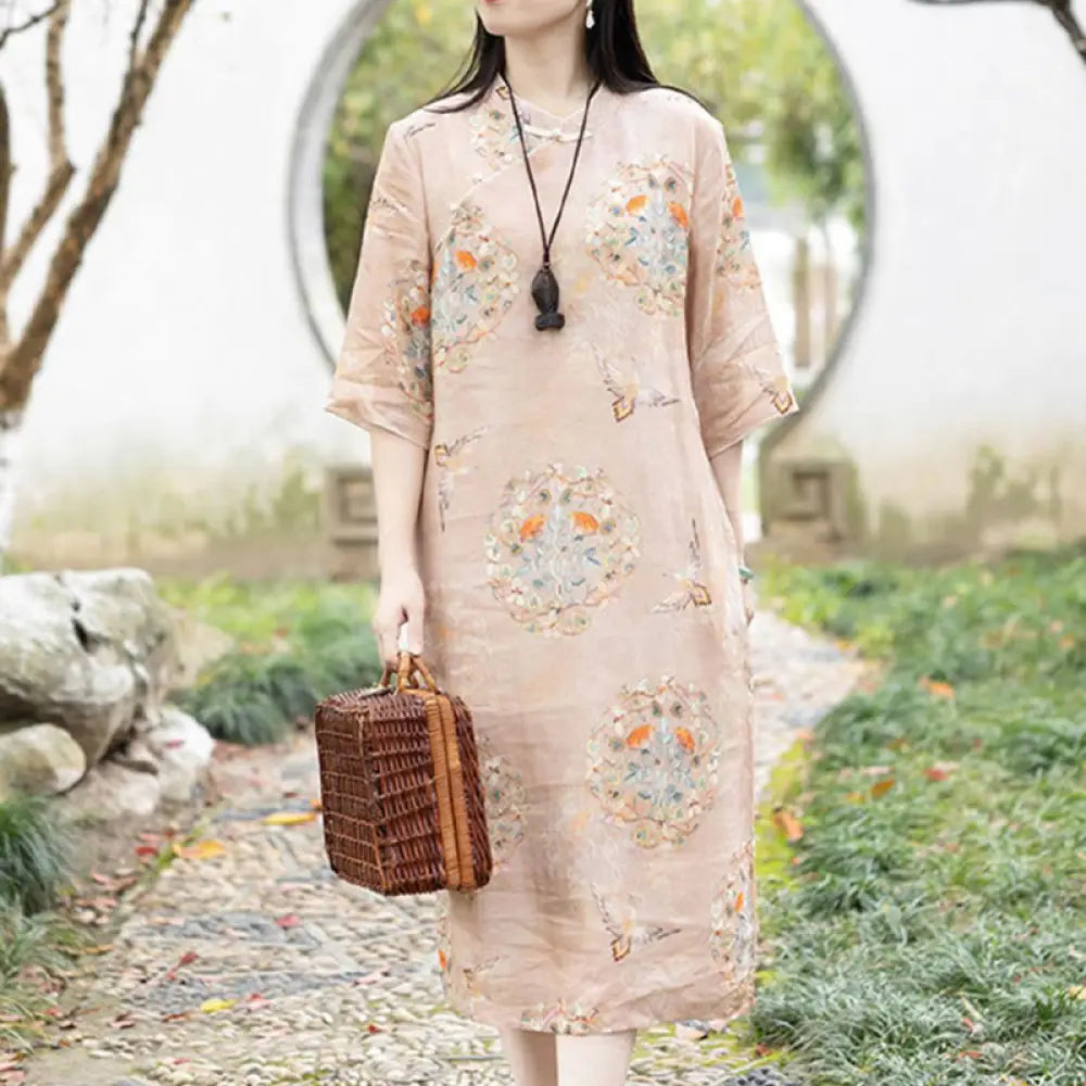 BWOOOH Orange Flower Bird Print Cheongsam Midi Dress Cott