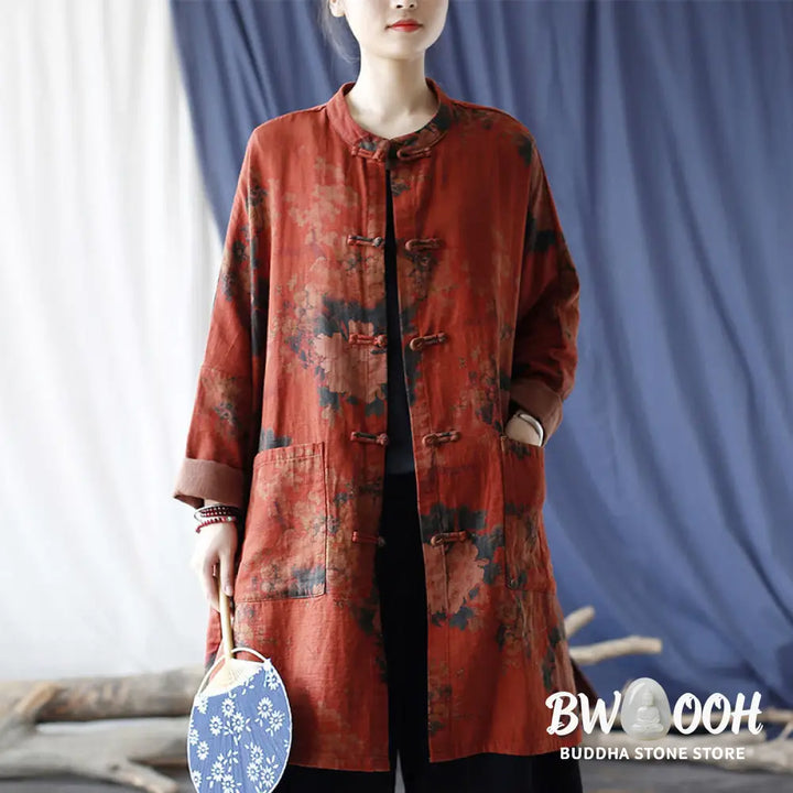 Buddha Stones Orange Peony Flower Cotton Linen Frog-Button Open Front Jacket With Pockets - US4-14，UK/AU8-18，EU36-46