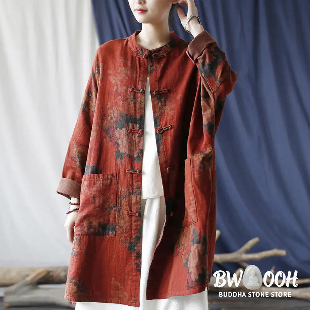 Buddha Stones Orange Peony Flower Cotton Linen Frog-Button Open Front Jacket With Pockets - US4-14，UK/AU8-18，EU36-46