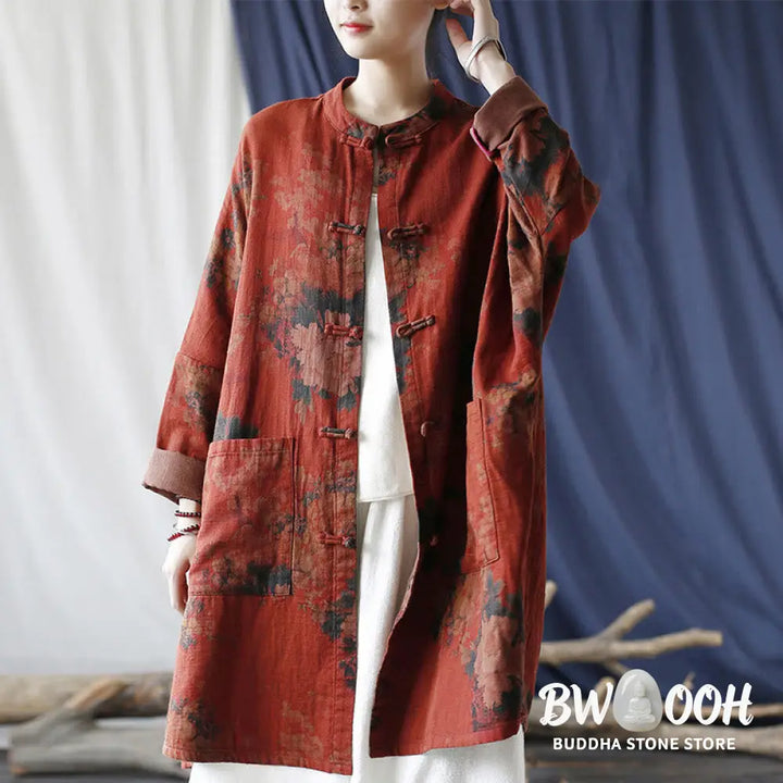 Buddha Stones Orange Peony Flower Cotton Linen Frog-Button Open Front Jacket With Pockets - US4-14，UK/AU8-18，EU36-46
