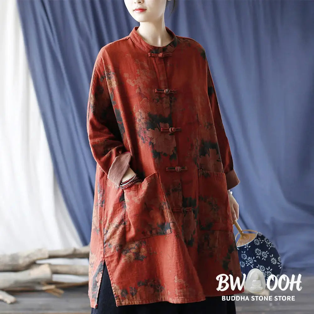 Buddha Stones Orange Peony Flower Cotton Linen Frog-Button Open Front Jacket With Pockets - US4-14，UK/AU8-18，EU36-46