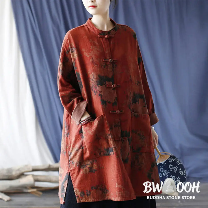 Buddha Stones Orange Peony Flower Cotton Linen Frog-Button Open Front Jacket With Pockets - US4-14，UK/AU8-18，EU36-46