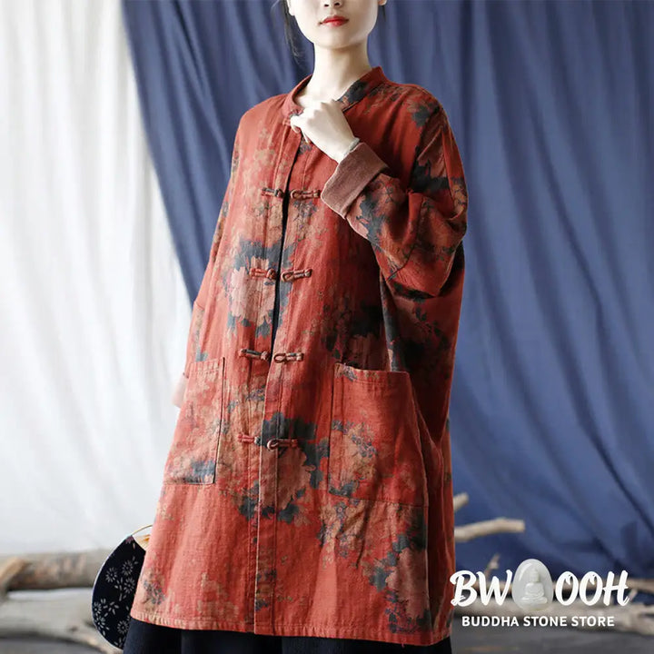 Buddha Stones Orange Peony Flower Cotton Linen Frog-Button Open Front Jacket With Pockets - US4-14，UK/AU8-18，EU36-46