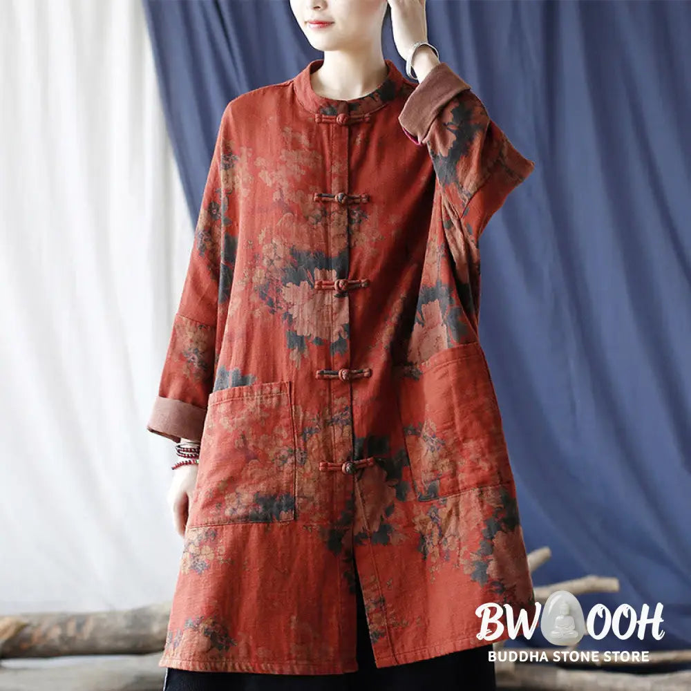 Buddha Stones Orange Peony Flower Cotton Linen Frog-Button Open Front Jacket With Pockets - US4-14，UK/AU8-18，EU36-46