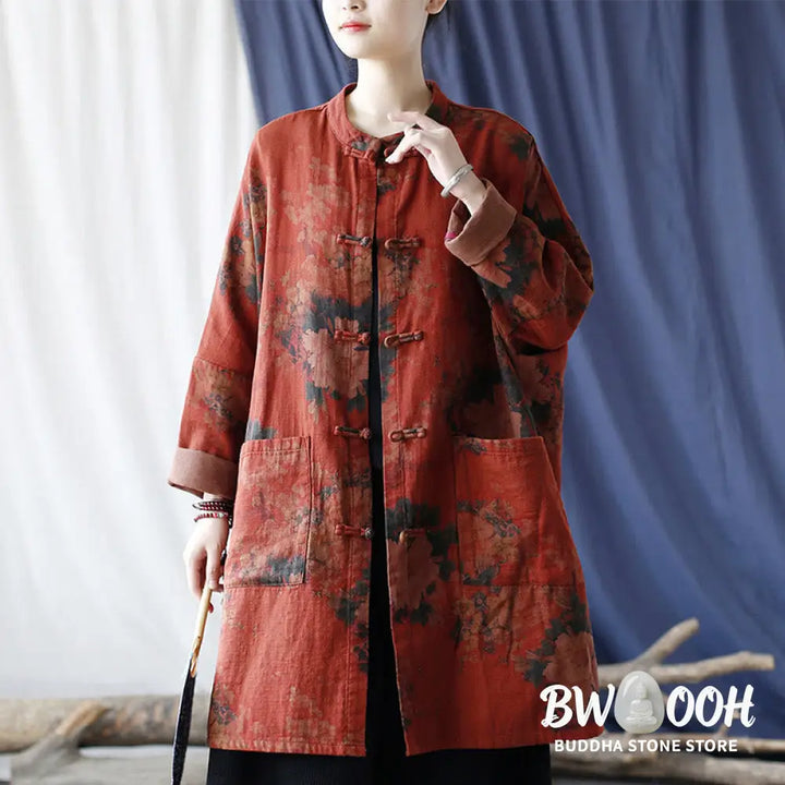 Buddha Stones Orange Peony Flower Cotton Linen Frog-Button Open Front Jacket With Pockets - US4-14，UK/AU8-18，EU36-46