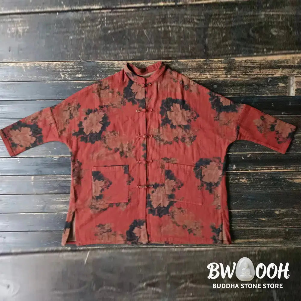 Buddha Stones Orange Peony Flower Cotton Linen Frog-Button Open Front Jacket With Pockets - US4-14，UK/AU8-18，EU36-46
