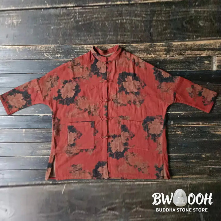 Buddha Stones Orange Peony Flower Cotton Linen Frog-Button Open Front Jacket With Pockets - US4-14，UK/AU8-18，EU36-46