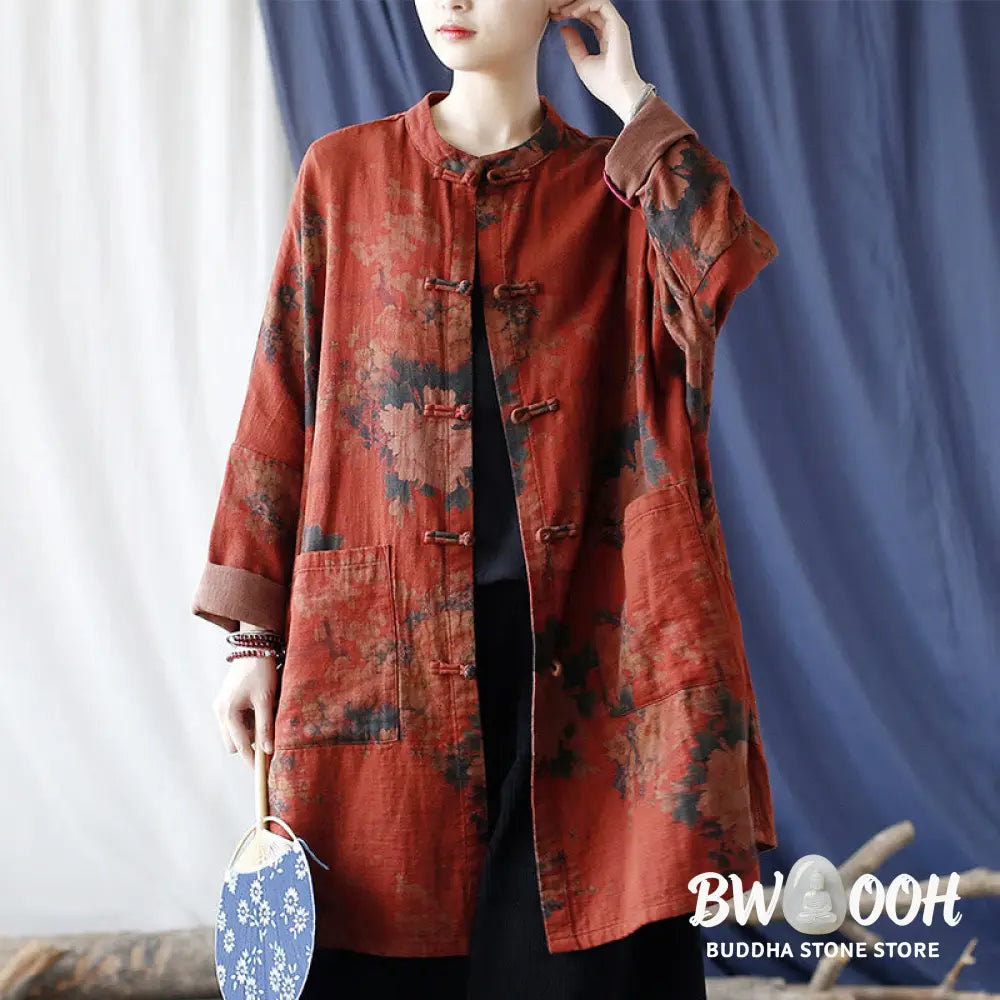 Buddha Stones Orange Peony Flower Cotton Linen Frog-Button Open Front Jacket With Pockets - US4-14，UK/AU8-18，EU36-46