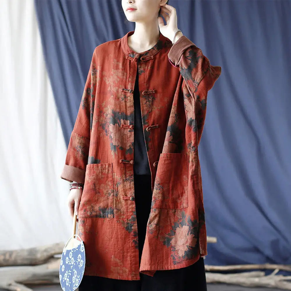 BWOOOH Orange Peony Flower Cotton Linen Frog-Button Open 