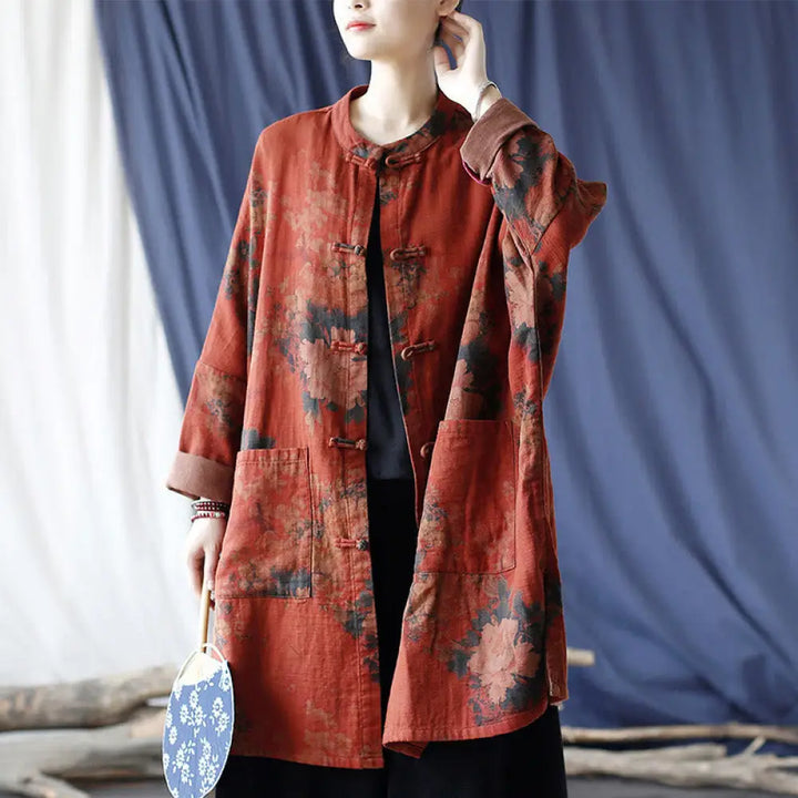BWOOOH Orange Peony Flower Cotton Linen Frog-Button Open 