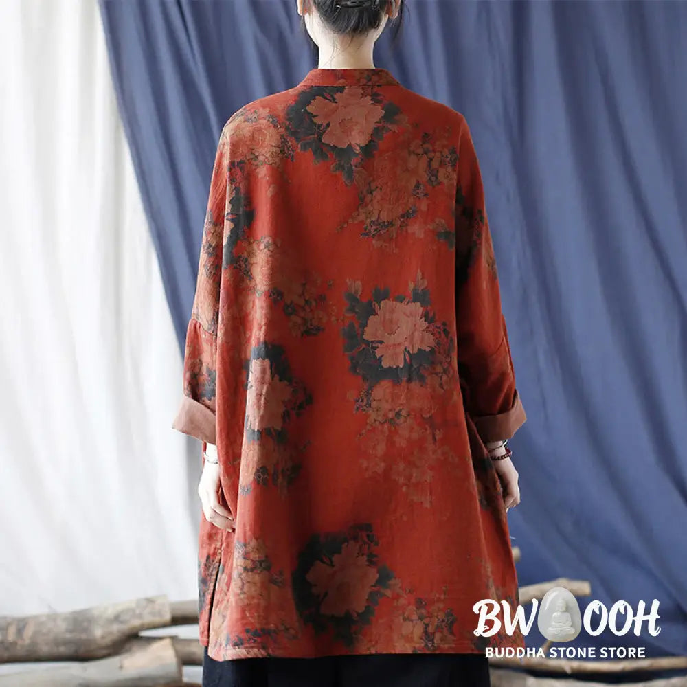Buddha Stones Orange Peony Flower Cotton Linen Frog-Button Open Front Jacket With Pockets - US4-14，UK/AU8-18，EU36-46