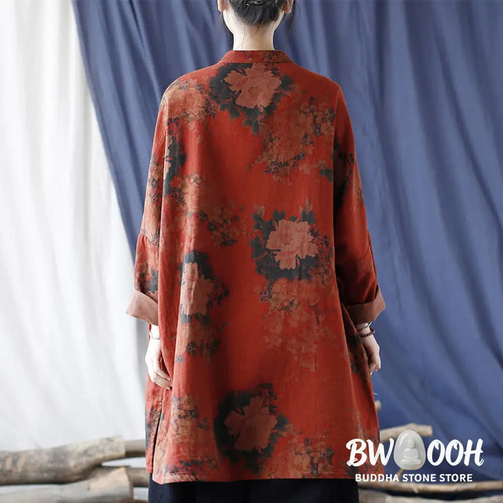 Buddha Stones Orange Peony Flower Cotton Linen Frog-Button Open Front Jacket With Pockets - US4-14，UK/AU8-18，EU36-46