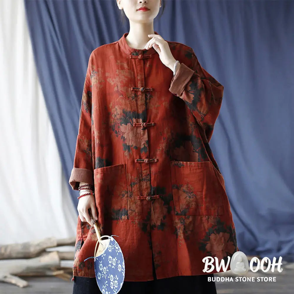 Buddha Stones Orange Peony Flower Cotton Linen Frog-Button Open Front Jacket With Pockets - US4-14，UK/AU8-18，EU36-46