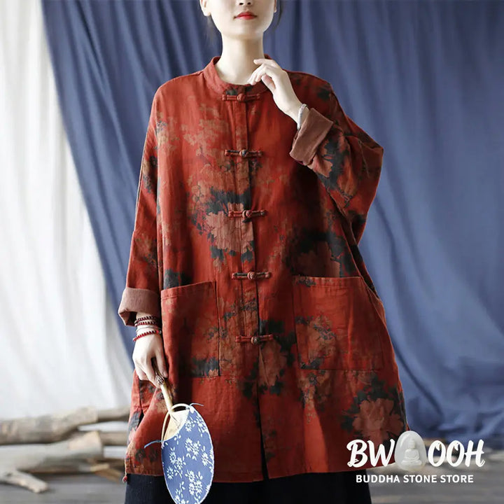 Buddha Stones Orange Peony Flower Cotton Linen Frog-Button Open Front Jacket With Pockets - US4-14，UK/AU8-18，EU36-46
