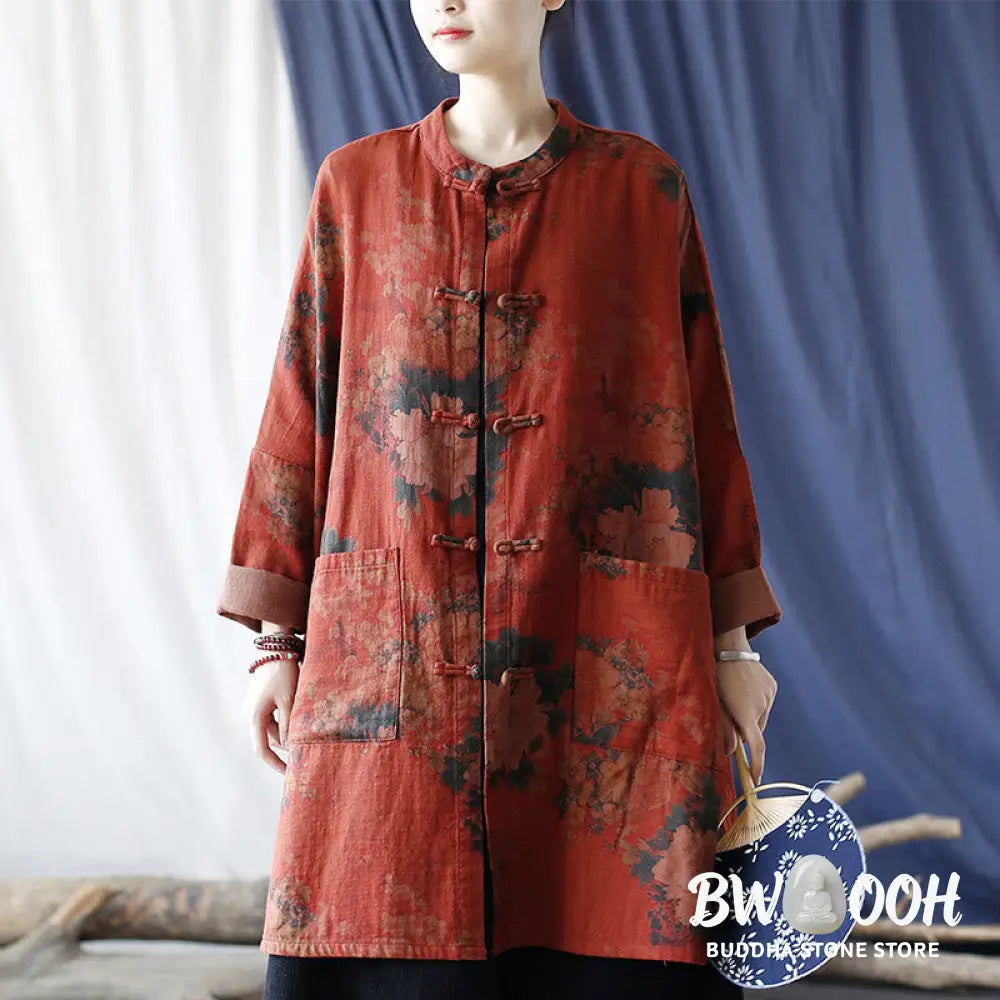 Buddha Stones Orange Peony Flower Cotton Linen Frog-Button Open Front Jacket With Pockets - US4-14，UK/AU8-18，EU36-46