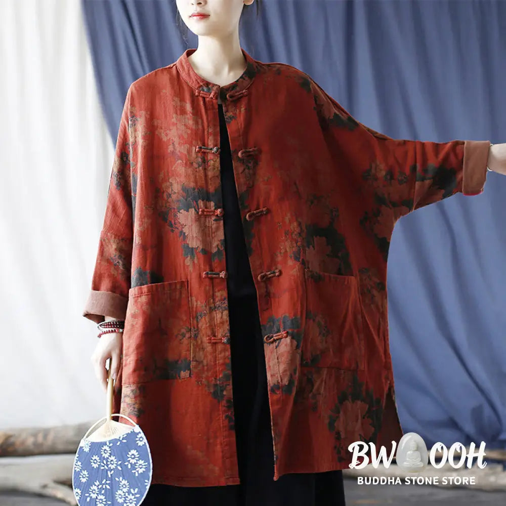 Buddha Stones Orange Peony Flower Cotton Linen Frog-Button Open Front Jacket With Pockets - US4-14，UK/AU8-18，EU36-46
