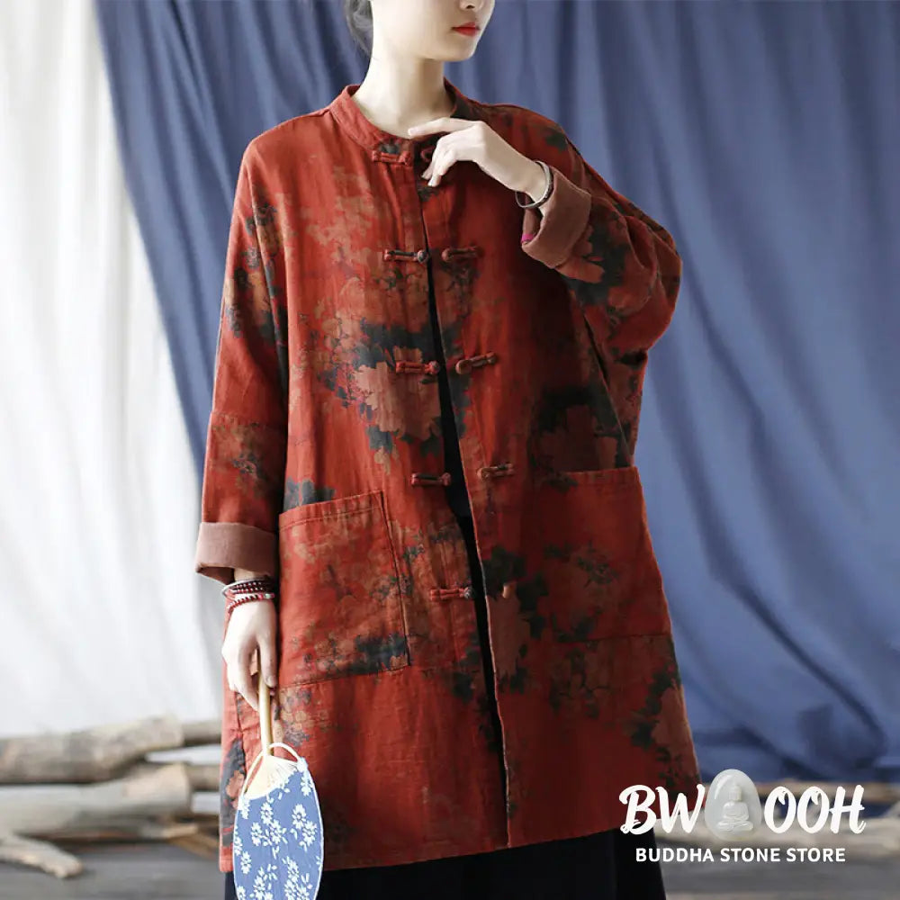 Buddha Stones Orange Peony Flower Cotton Linen Frog-Button Open Front Jacket With Pockets - US4-14，UK/AU8-18，EU36-46