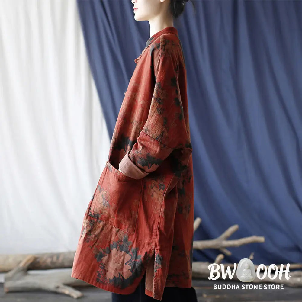 Buddha Stones Orange Peony Flower Cotton Linen Frog-Button Open Front Jacket With Pockets - US4-14，UK/AU8-18，EU36-46