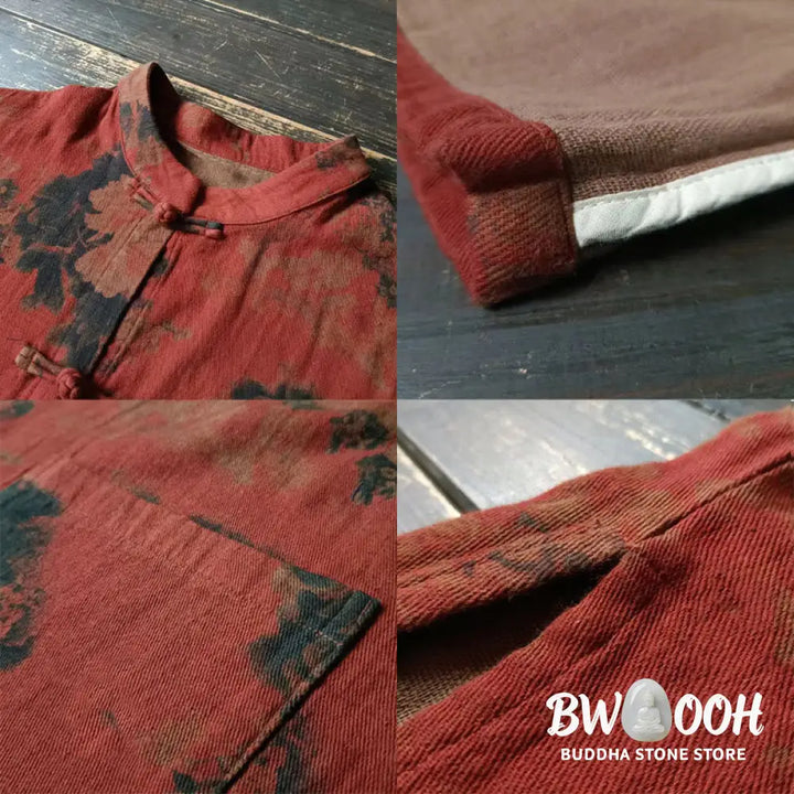 Buddha Stones Orange Peony Flower Cotton Linen Frog-Button Open Front Jacket With Pockets - US4-14，UK/AU8-18，EU36-46