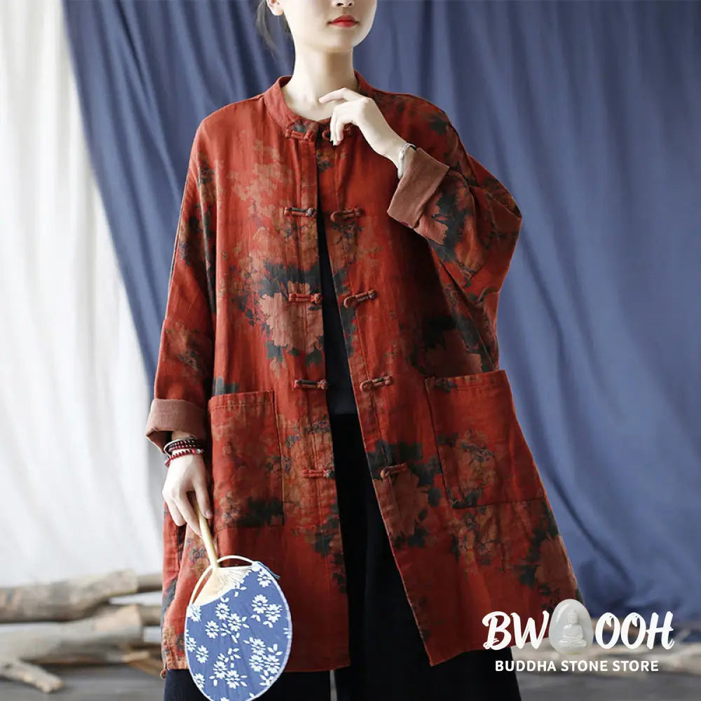 Buddha Stones Orange Peony Flower Cotton Linen Frog-Button Open Front Jacket With Pockets - US4-14，UK/AU8-18，EU36-46