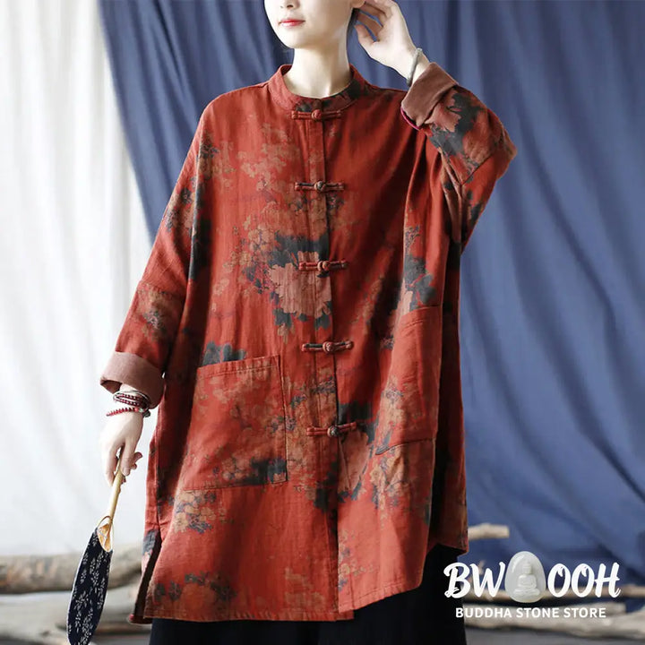 Buddha Stones Orange Peony Flower Cotton Linen Frog-Button Open Front Jacket With Pockets - US4-14，UK/AU8-18，EU36-46