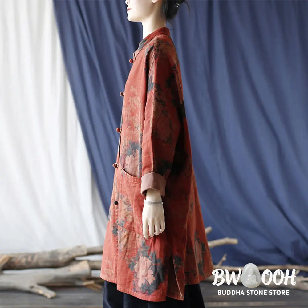 Buddha Stones Orange Peony Flower Cotton Linen Frog-Button Open Front Jacket With Pockets - US4-14，UK/AU8-18，EU36-46
