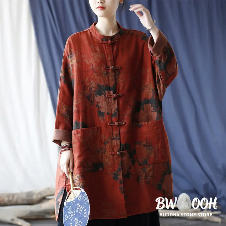 Buddha Stones Orange Peony Flower Cotton Linen Frog-Button Open Front Jacket With Pockets - US4-14，UK/AU8-18，EU36-46