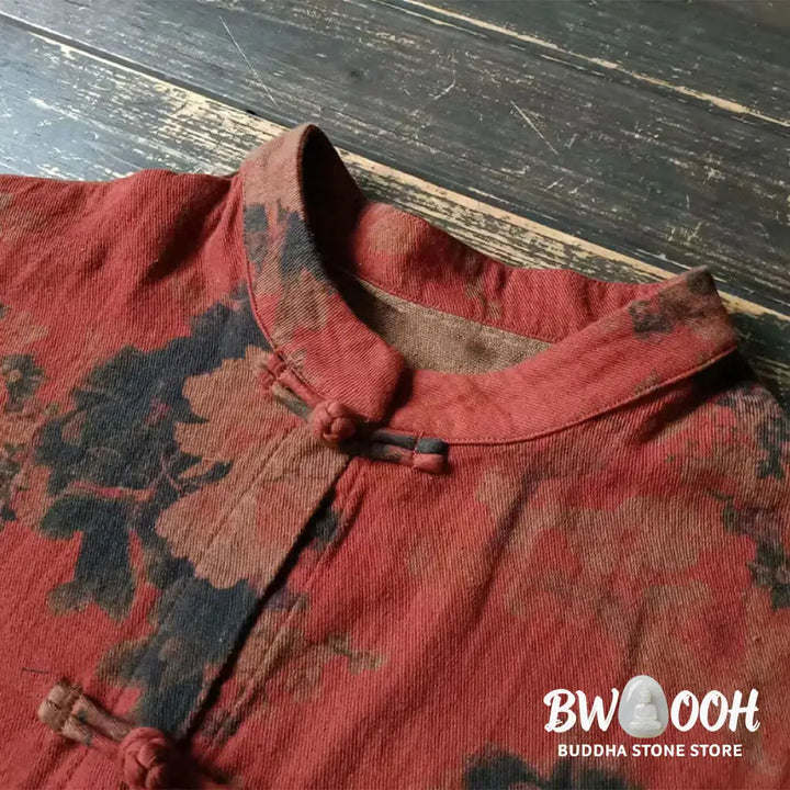 Buddha Stones Orange Peony Flower Cotton Linen Frog-Button Open Front Jacket With Pockets - US4-14，UK/AU8-18，EU36-46