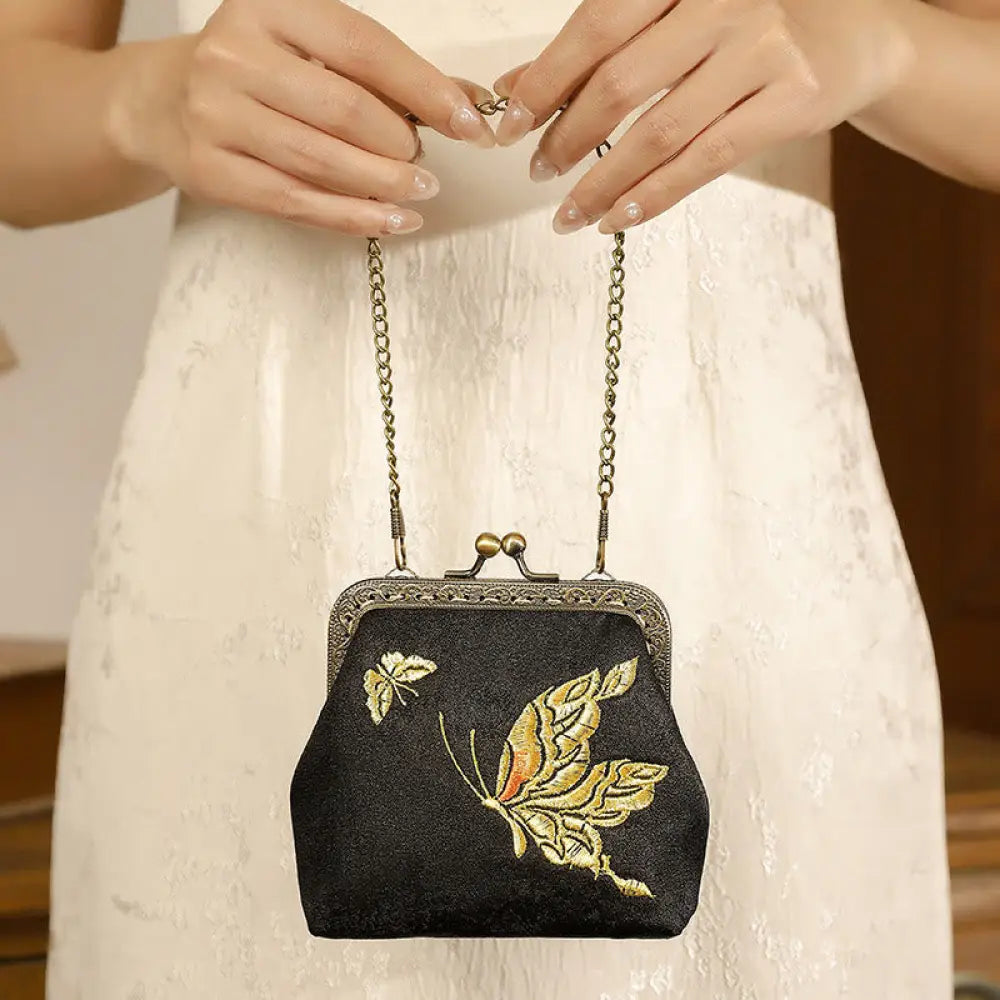 Buddha Stones Orchids Oriental Cherry Butterfly Embroidery Metal Handle Handbag - Butterfly Black 11*4*11cm - Handbags