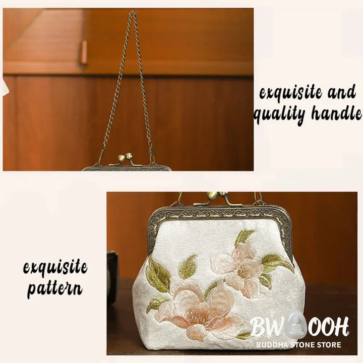 Buddha Stones Orchids Oriental Cherry Butterfly Embroidery Metal Handle Handbag - Handbags