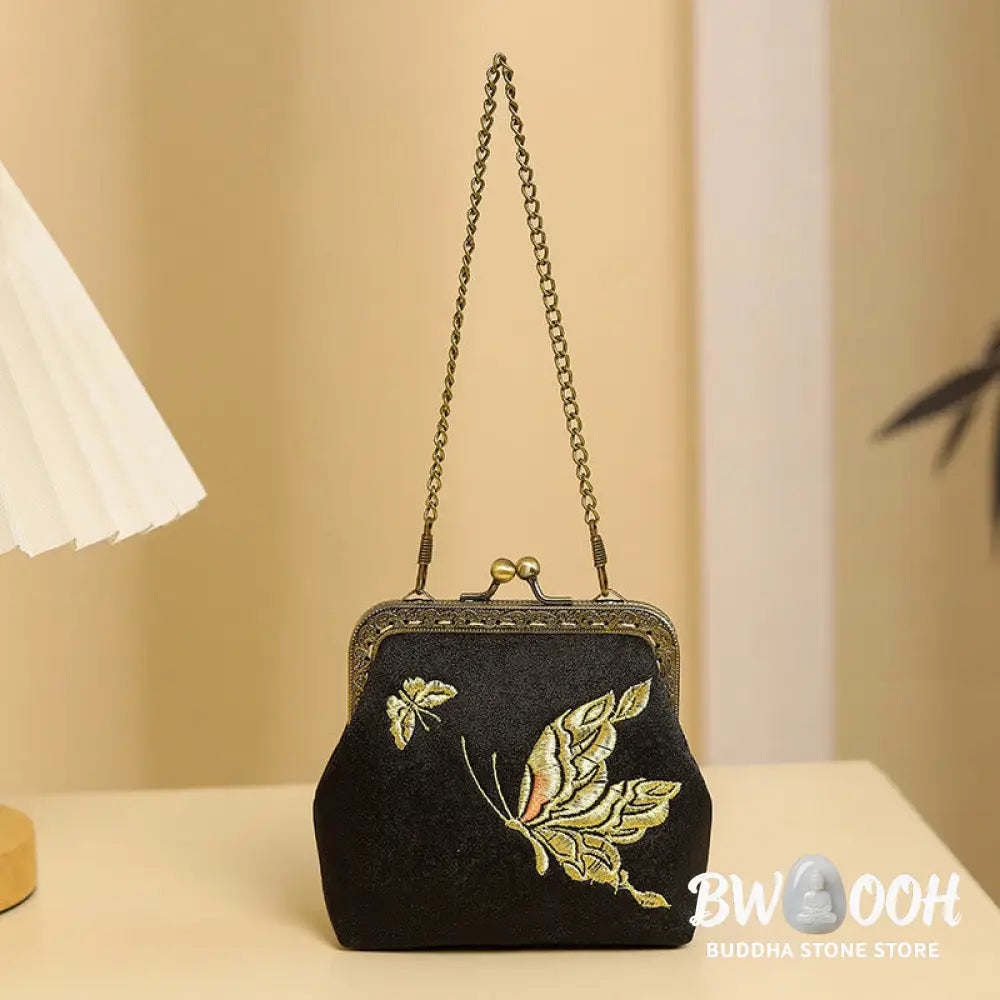 Buddha Stones Orchids Oriental Cherry Butterfly Embroidery Metal Handle Handbag - Handbags