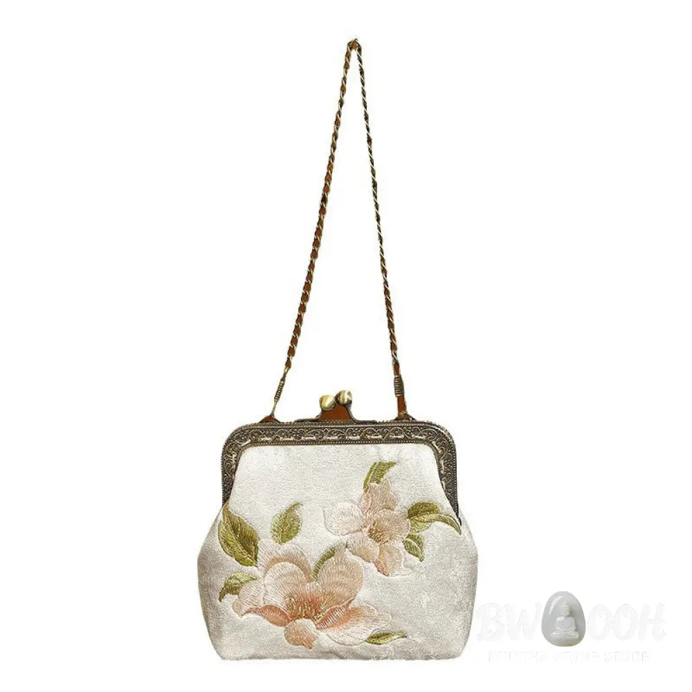 Buddha Stones Orchids Oriental Cherry Butterfly Embroidery Metal Handle Handbag - Handbags