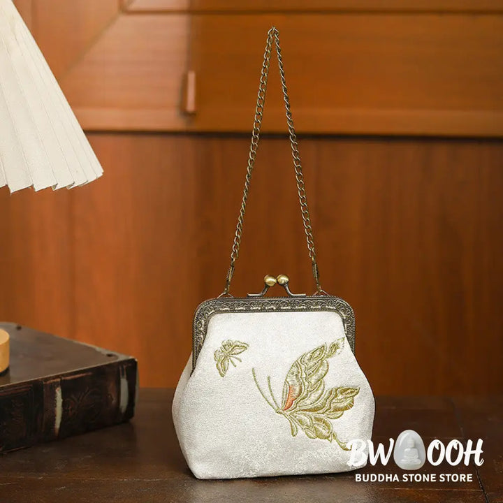 Buddha Stones Orchids Oriental Cherry Butterfly Embroidery Metal Handle Handbag - Handbags