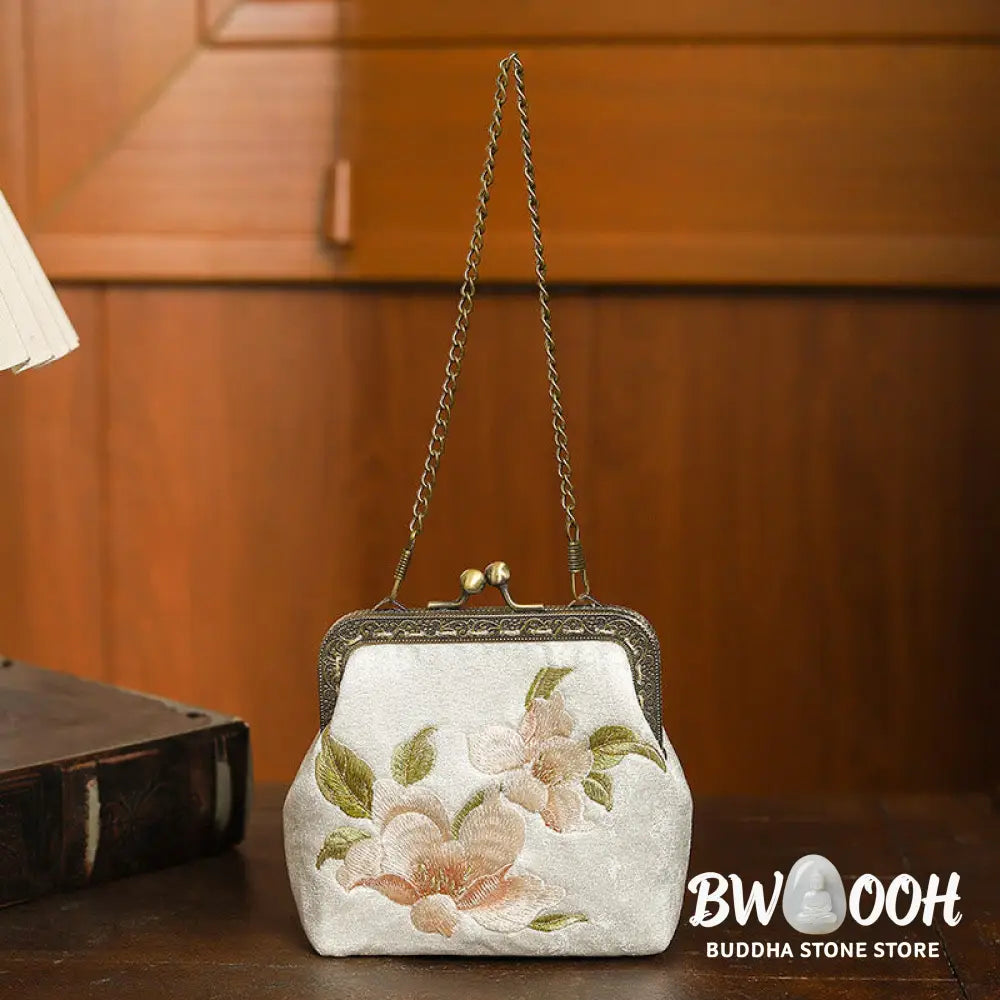 Buddha Stones Orchids Oriental Cherry Butterfly Embroidery Metal Handle Handbag - Handbags