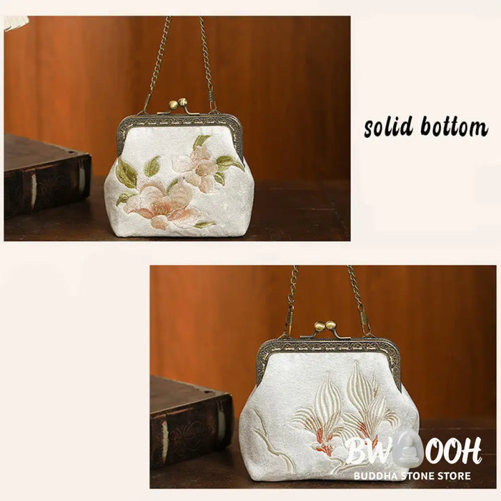 Buddha Stones Orchids Oriental Cherry Butterfly Embroidery Metal Handle Handbag - Handbags