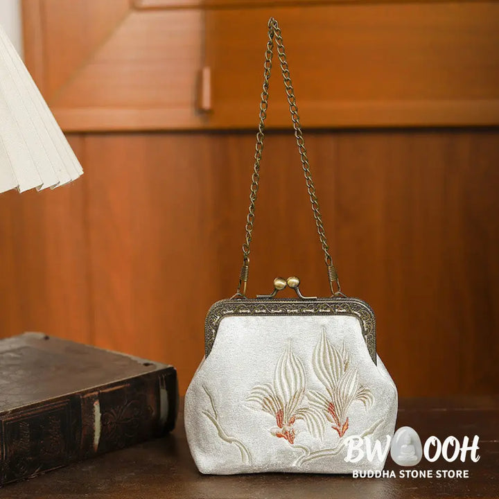 Buddha Stones Orchids Oriental Cherry Butterfly Embroidery Metal Handle Handbag - Handbags