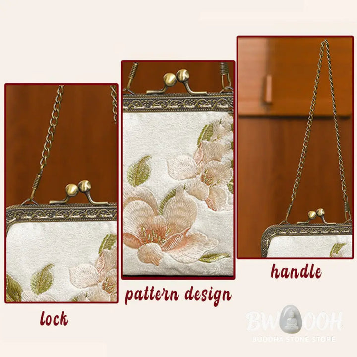 Buddha Stones Orchids Oriental Cherry Butterfly Embroidery Metal Handle Handbag - Handbags