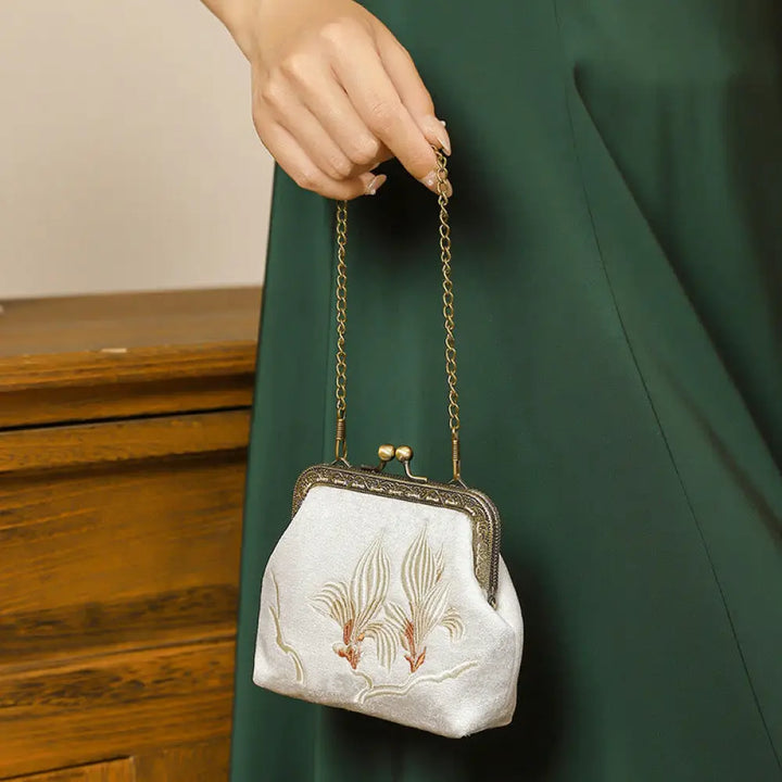 Buddha Stones Orchids Oriental Cherry Butterfly Embroidery Metal Handle Handbag - Orchid 11*4*11cm - Handbags