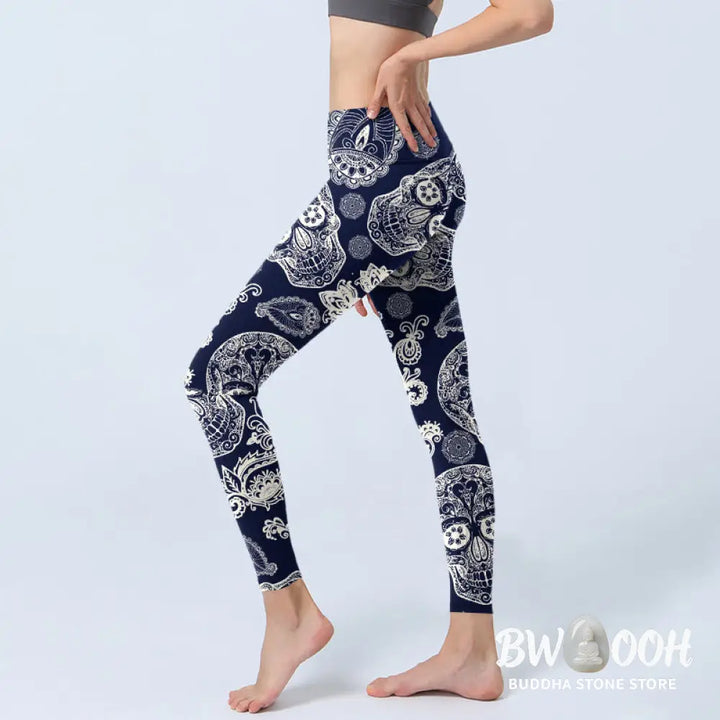BWOOOH printed yoga leggings - Paisley Plant Skull Pattern Gym Leggings