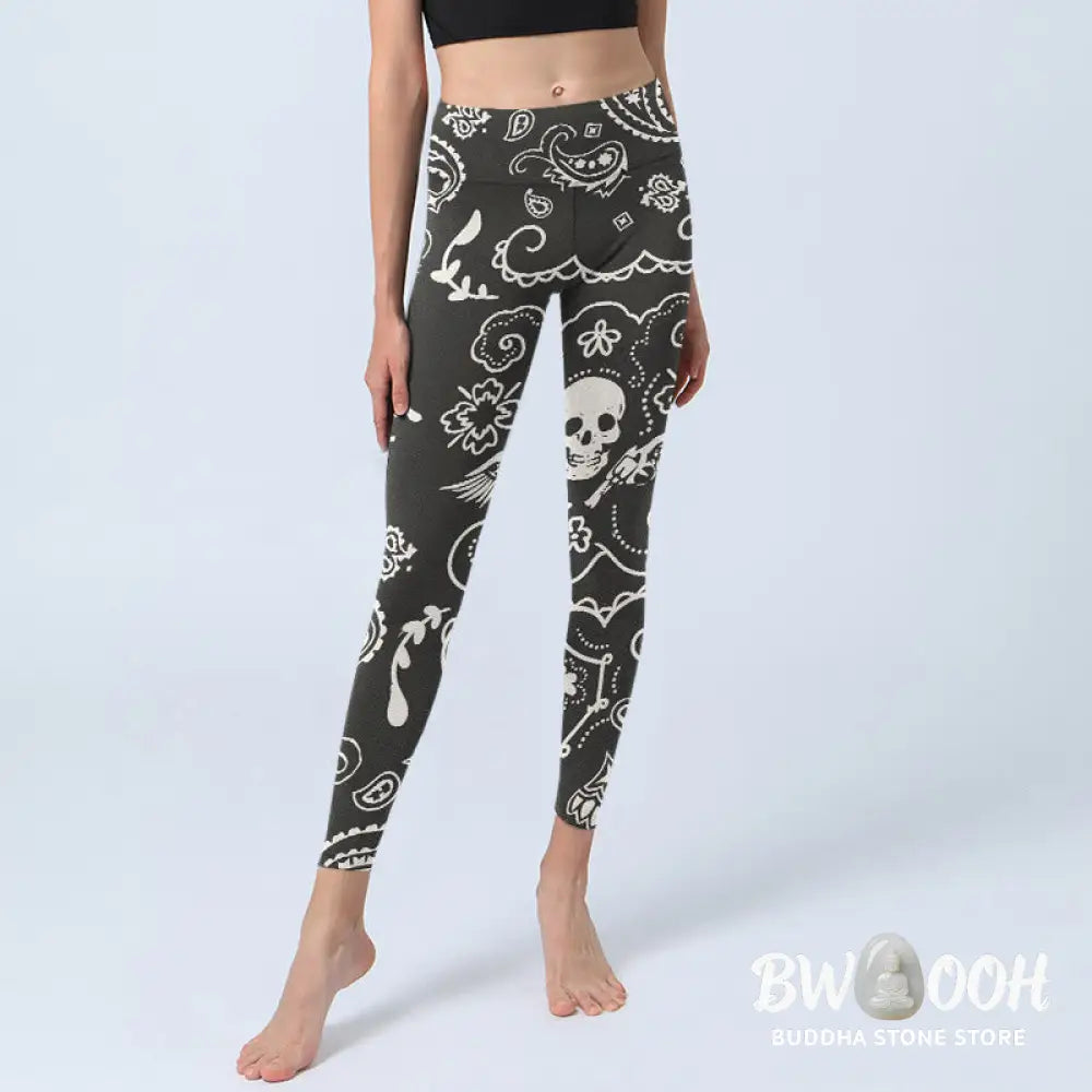 BWOOOH printed yoga leggings - Paisley Skull Wing Pattern Gym Leggings 