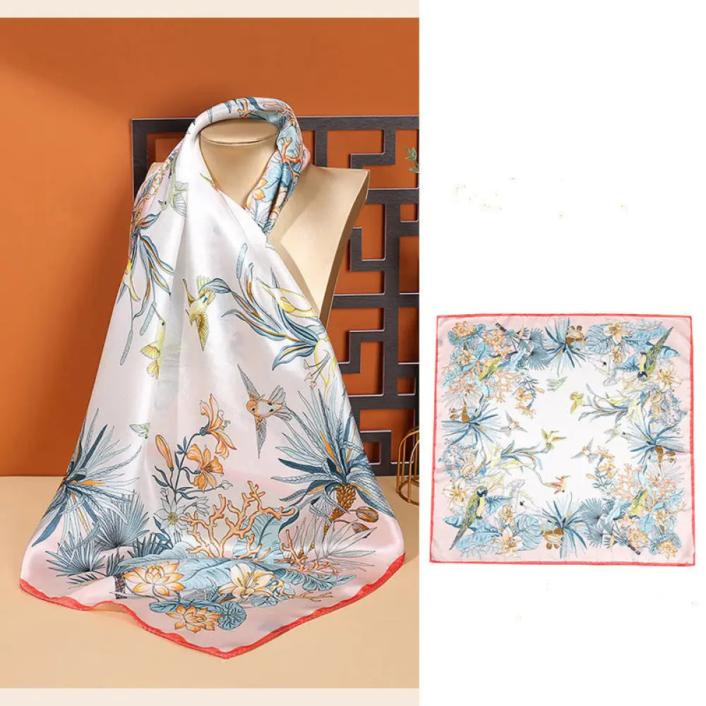 Buddha Stones Pastoral Scene Hot Air Balloon Spring Blossom 100% Mulberry Silk Neck Hair Scarf - Flowers Birds Pink