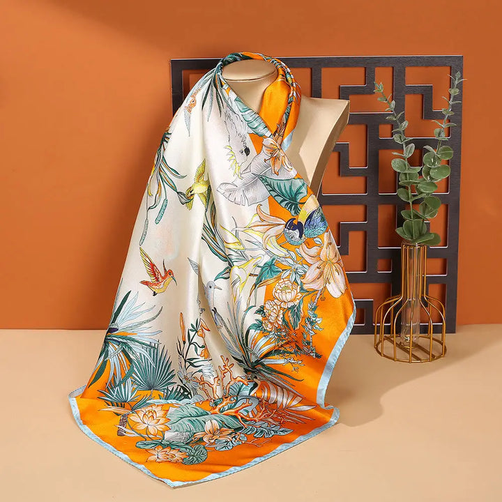 Buddha Stones Pastoral Scene Hot Air Balloon Spring Blossom 100% Mulberry Silk Neck Hair Scarf - Flowers Birds - Silk
