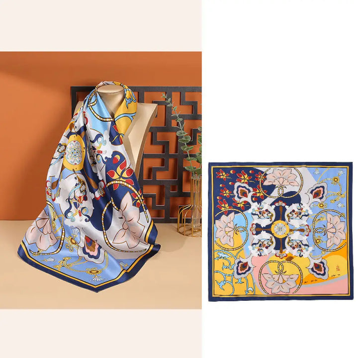Buddha Stones Pastoral Scene Hot Air Balloon Spring Blossom 100% Mulberry Silk Neck Hair Scarf - Flowers-Navy Blue
