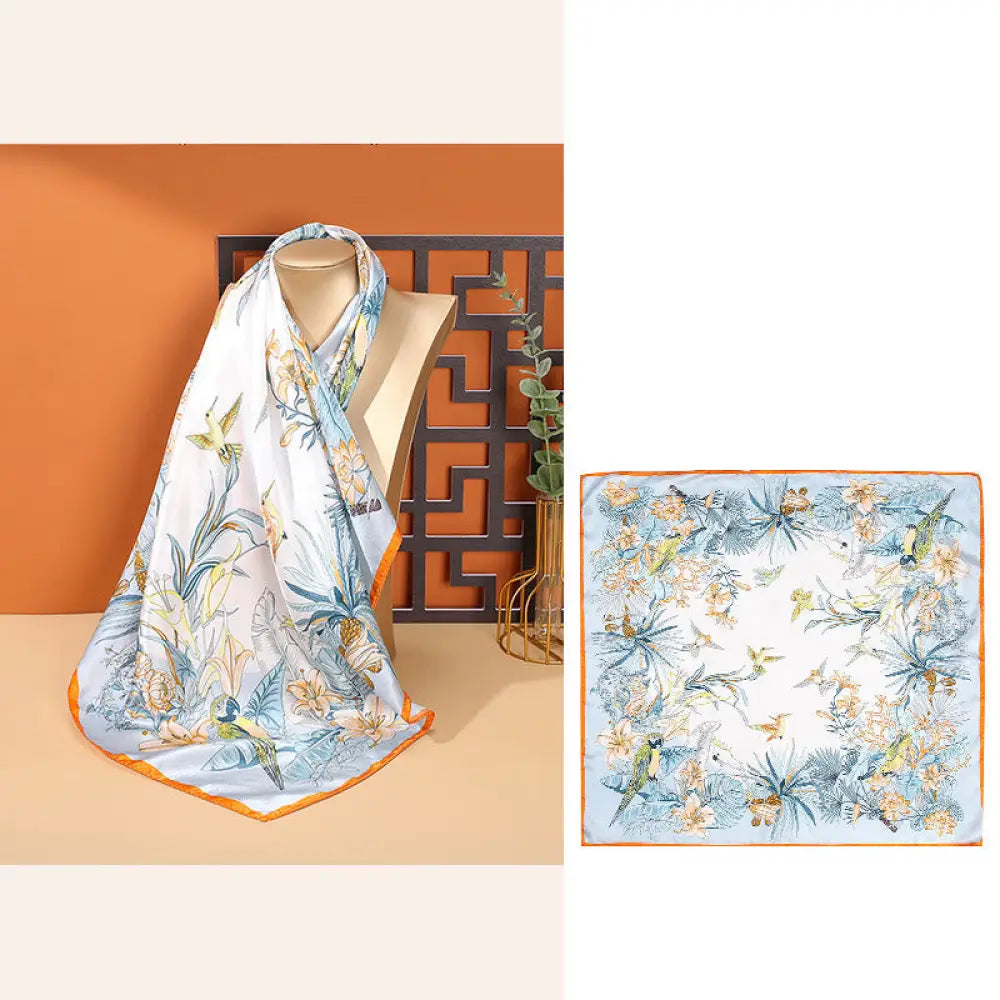 Buddha Stones Pastoral Scene Hot Air Balloon Spring Blossom 100% Mulberry Silk Neck Hair Scarf - Flowers-Orange Border