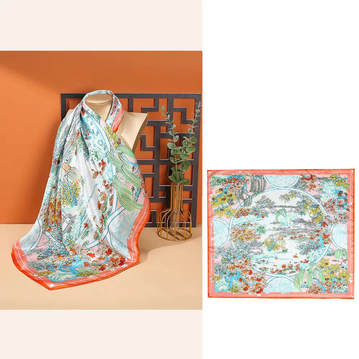 Buddha Stones Pastoral Scene Hot Air Balloon Spring Blossom 100% Mulberry Silk Neck Hair Scarf - Garden Spring-Orange