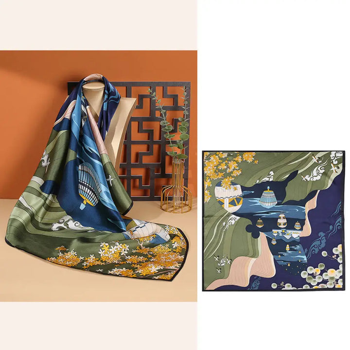 Buddha Stones Pastoral Scene Hot Air Balloon Spring Blossom 100% Mulberry Silk Neck Hair Scarf - Navy Blue Hot Air