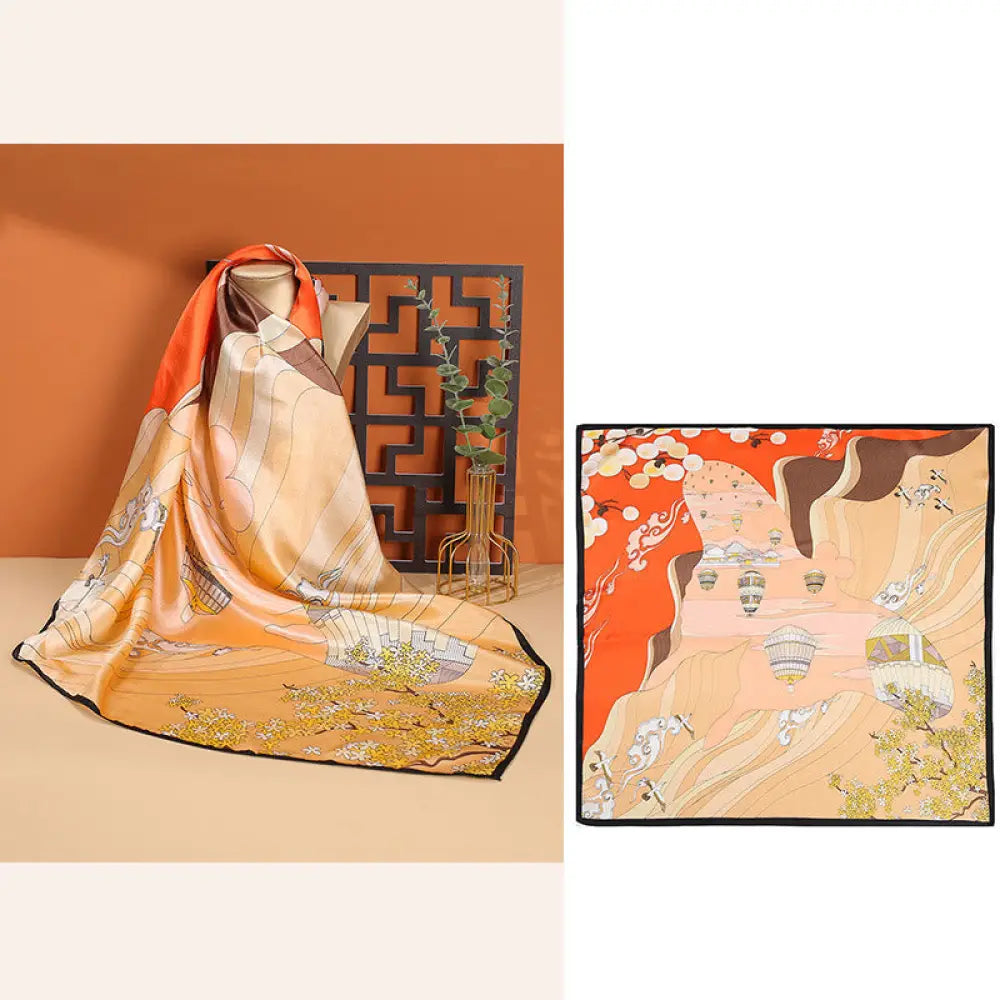 Buddha Stones Pastoral Scene Hot Air Balloon Spring Blossom 100% Mulberry Silk Neck Hair Scarf - Orange Hot Air Balloon
