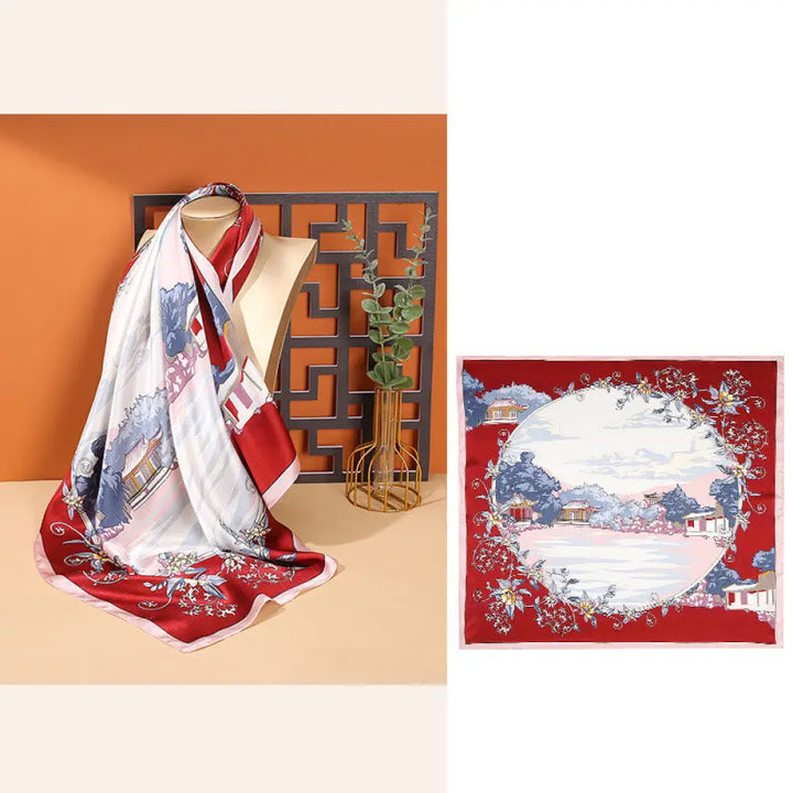 Buddha Stones Pastoral Scene Hot Air Balloon Spring Blossom 100% Mulberry Silk Neck Hair Scarf - Pastoral-Red - Silk
