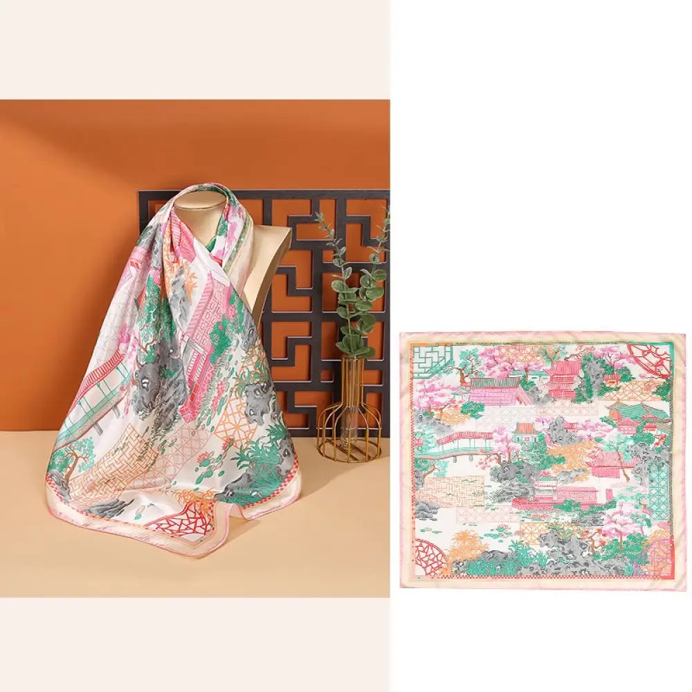 Buddha Stones Pastoral Scene Hot Air Balloon Spring Blossom 100% Mulberry Silk Neck Hair Scarf - Spring Scenery - Silk